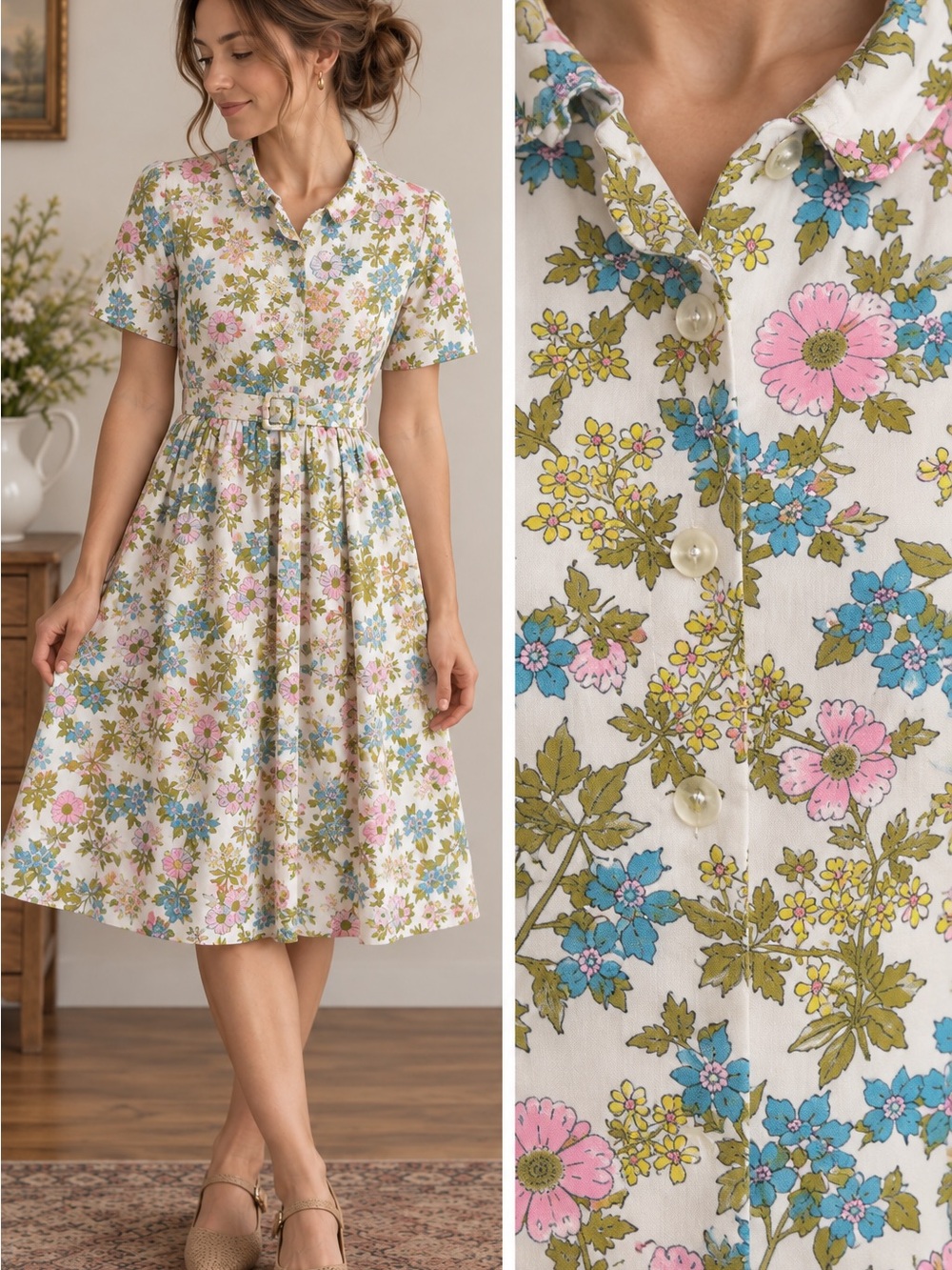 Vintage 1960s Floral Print Button Front Shirtwaist Dress Belted XXS 23” Waist C7